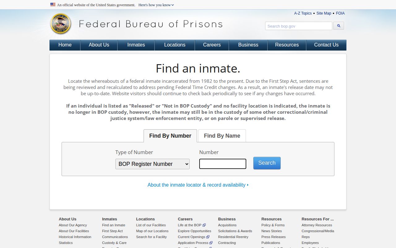 Federal Bureau of Prisons locator for San Francisco federal release searches