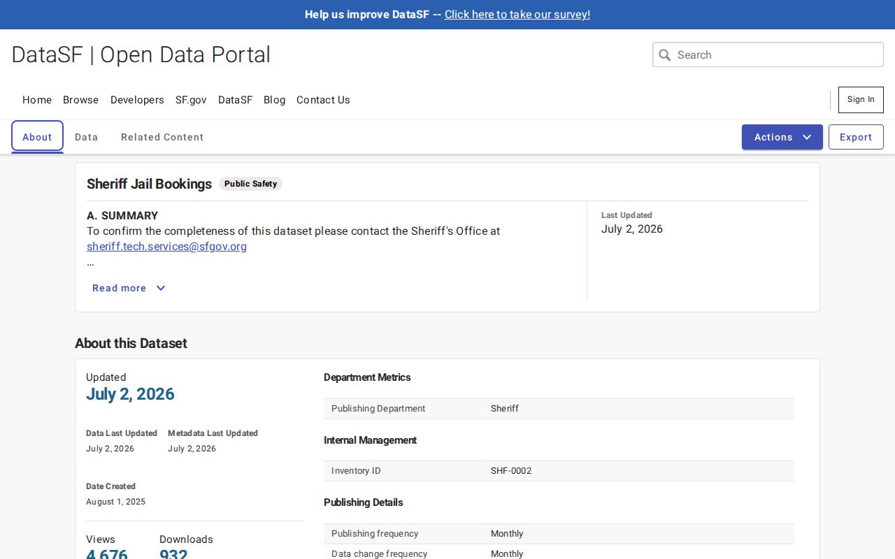DataSF aggregate booking dataset boundary for San Francisco County released inmate searches