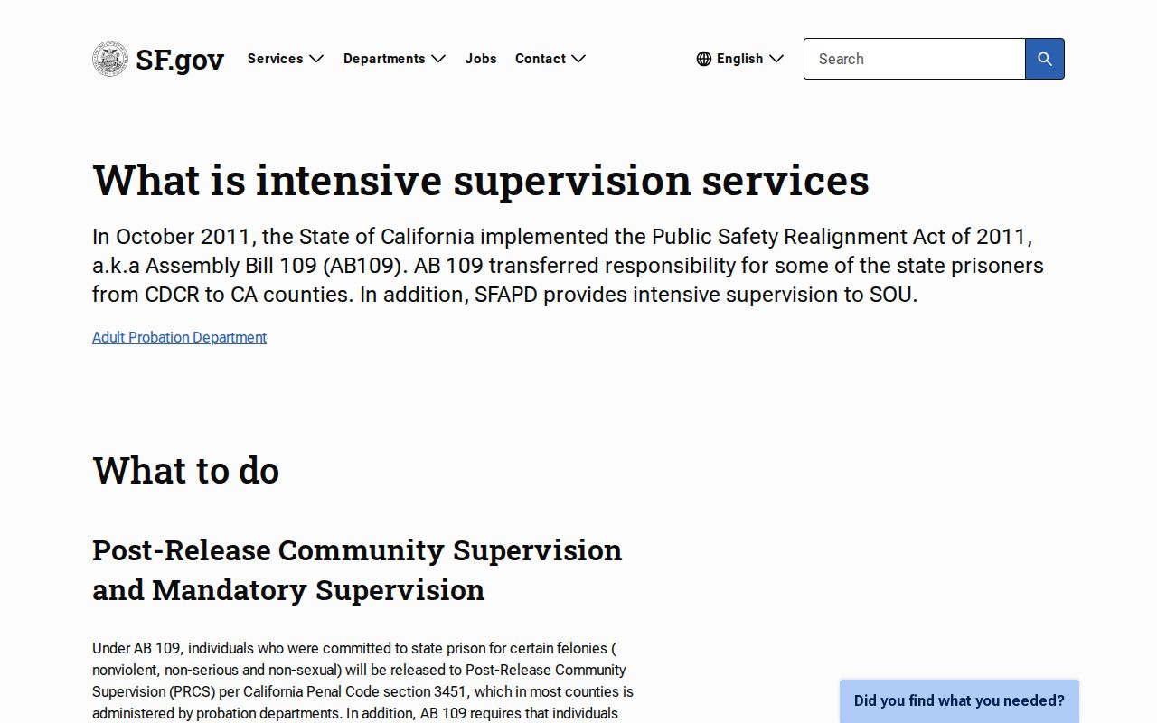 San Francisco County parole and probation AB 109 PRCS supervision page