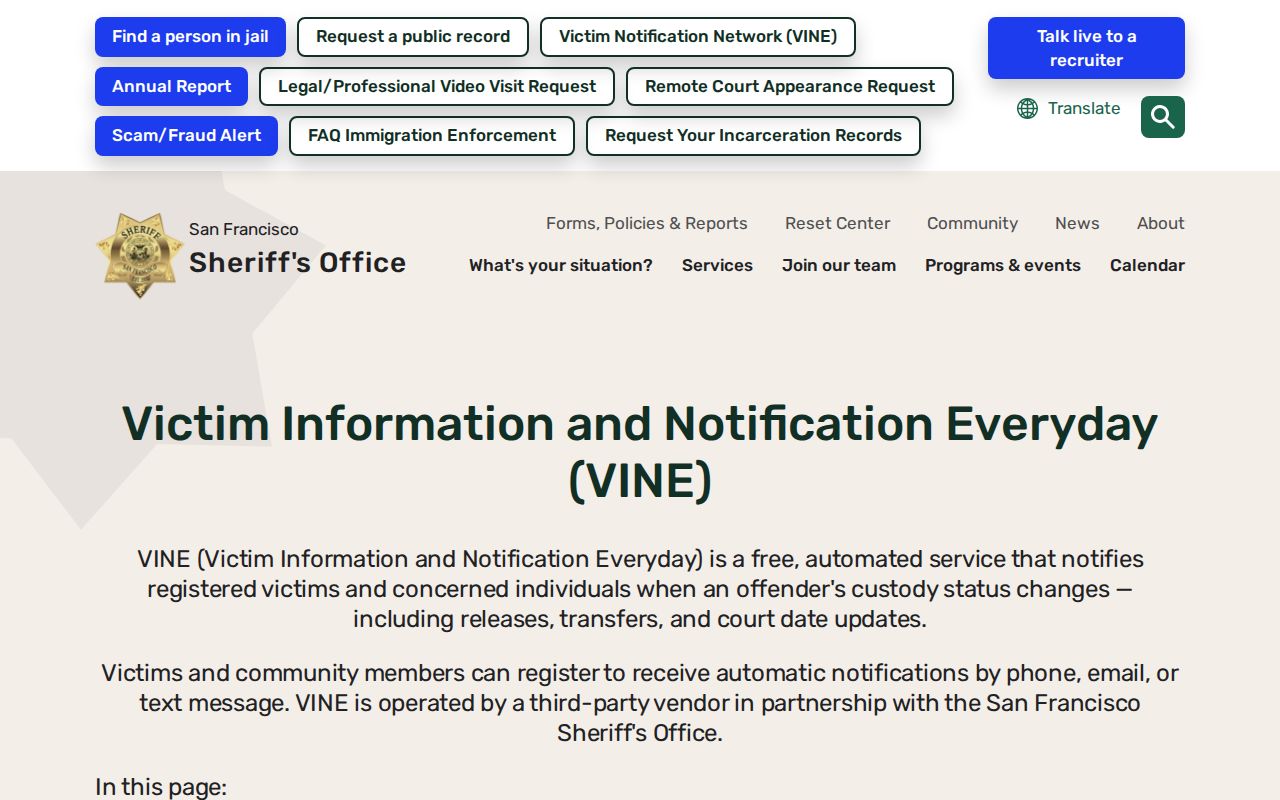 San Francisco County 72-hour release records VINE notification fallback
